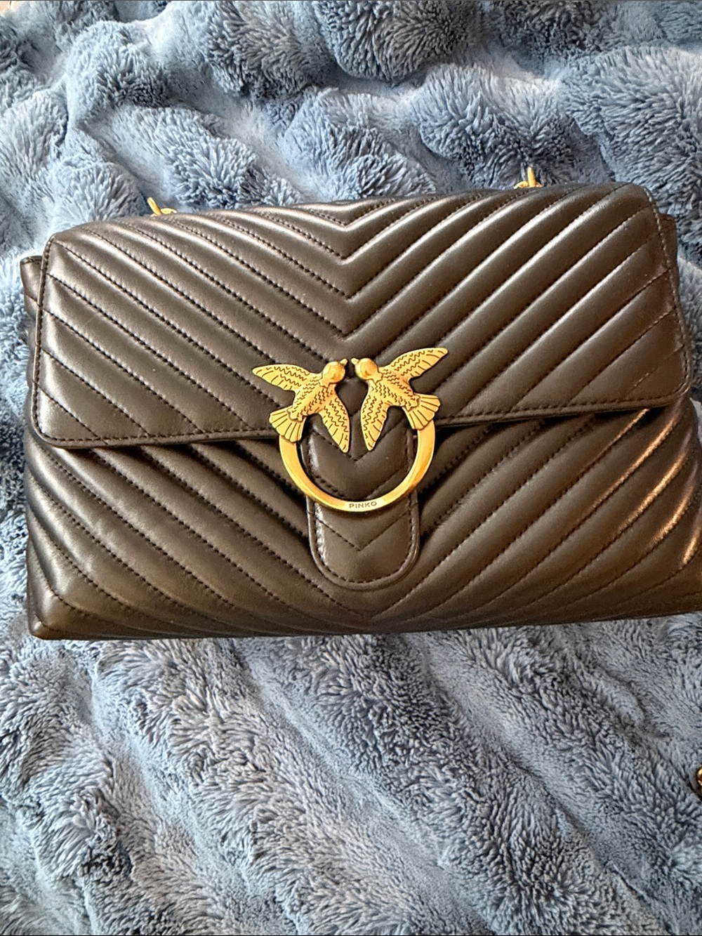 Pinko Quilted Black Leather Satchel with Gold Bird Ring